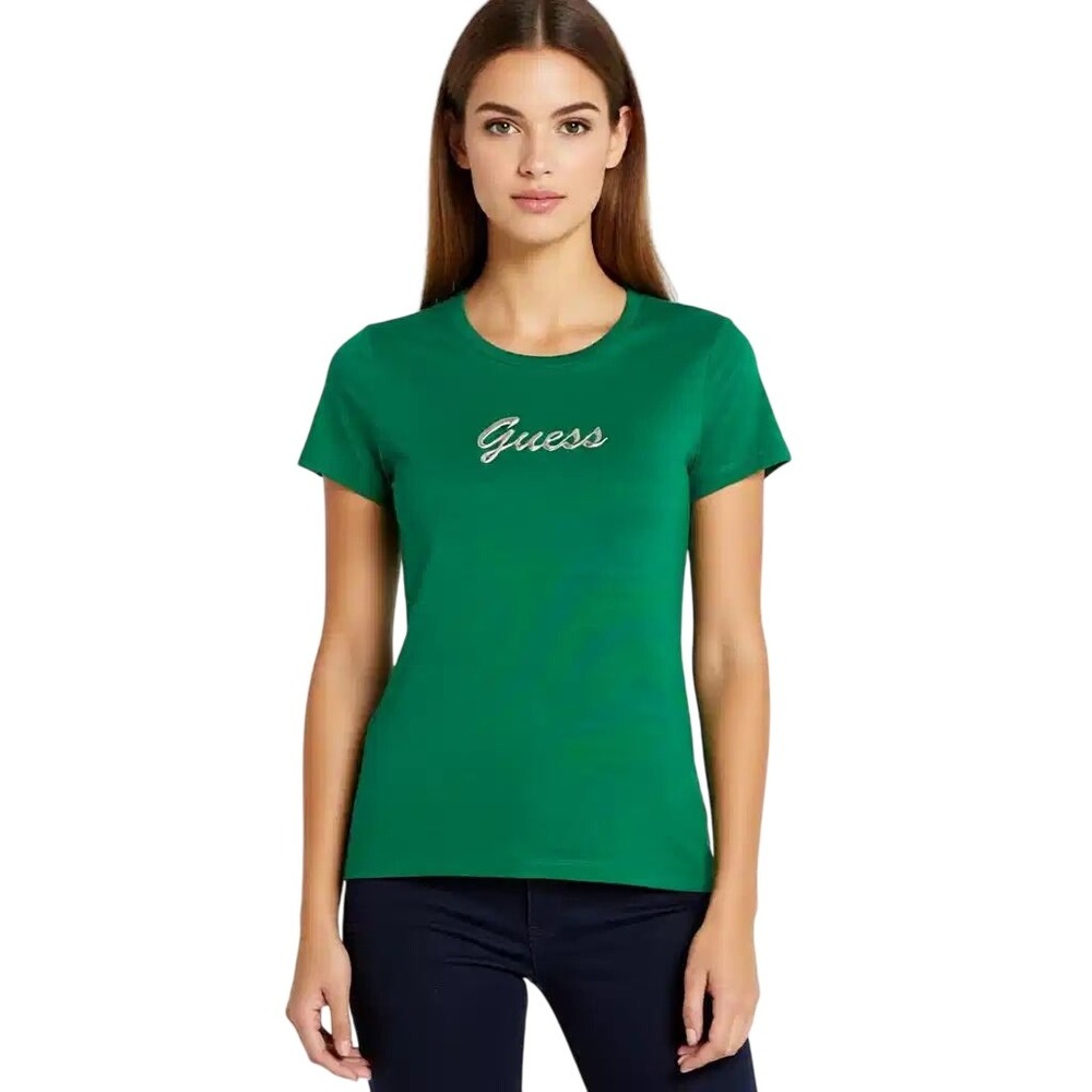 GuessWomens Green Short Sleeve Script Logo T-Shirt‎ Emerald Silver Md NWT
